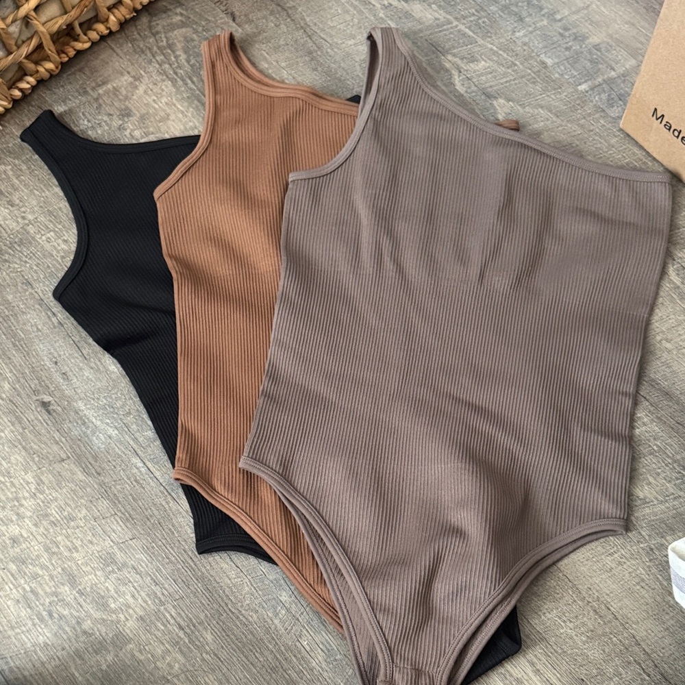 Ribbed Sleeveless Bodysuit - Black, Brown, Tan